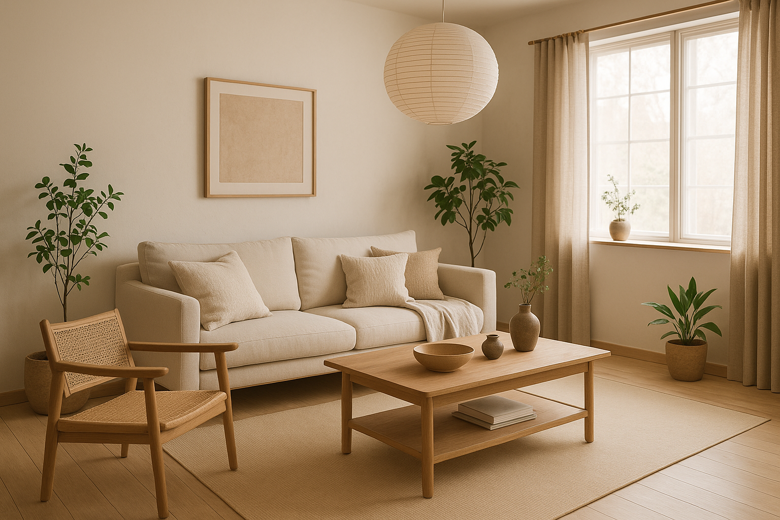 salón estilo japandi acogedor